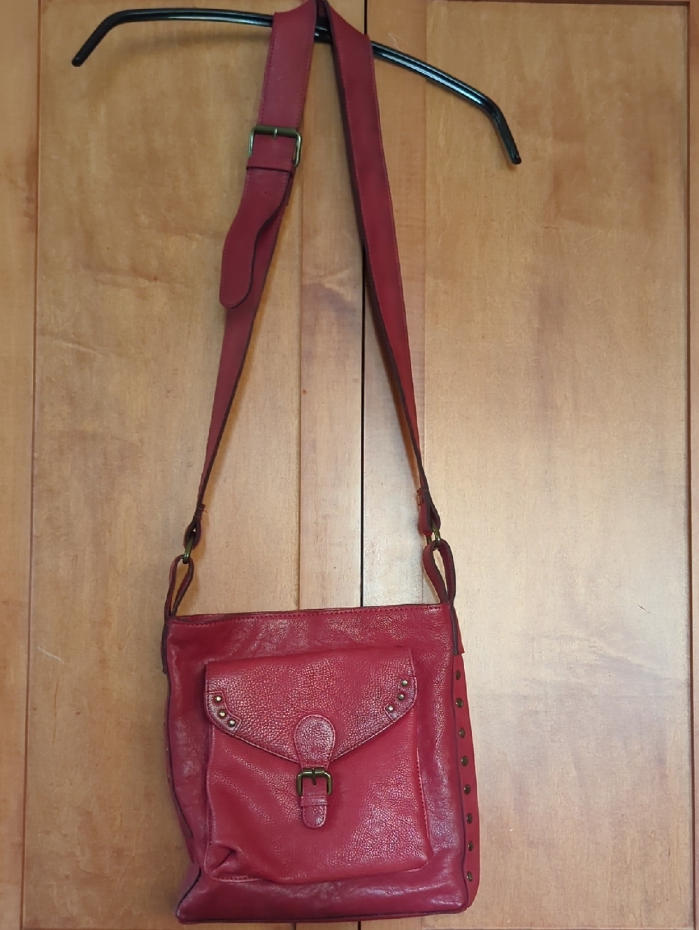 Faux-Leather Red Crossbody Bag with Studded Front Flap